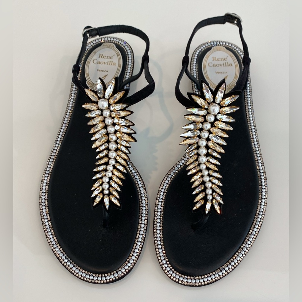 RENE CAOVILLA BLACK LEATHER SUEDE CRYSTAL PEARL SANDALS SIZE IT 38 / IT 8